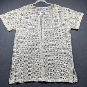 VTG Wave Zone Women Cardigan Crochet Knit Gold Trim Cream 1X Boho Beach Coverup